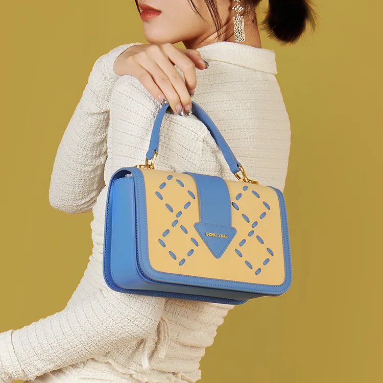 Gong Xuan Cow Leather Crossbody Handbag Regular Women's Yellow Blue Color Block-5