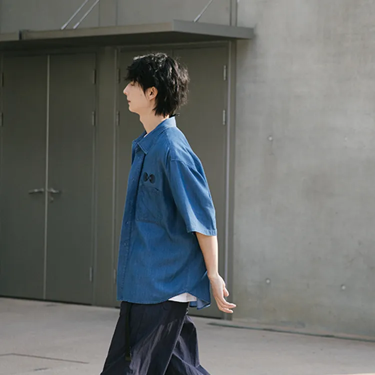 YOSHIYOYI Solid Color Heavy Washed Shirt Shirt Summer Unisex Blue-3