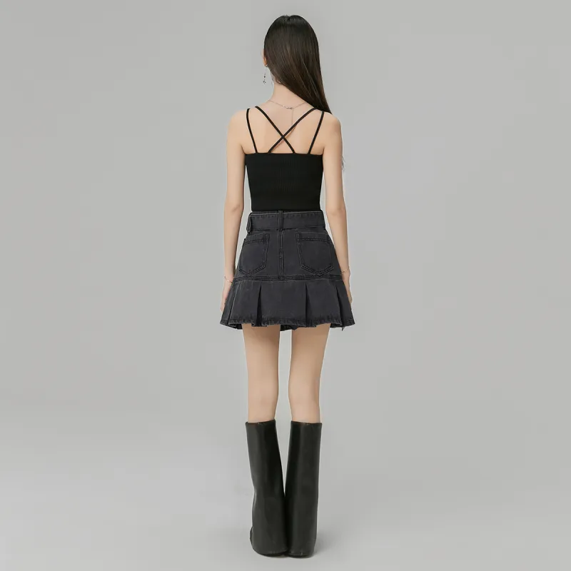 LA CRAWFISH Fitted Pleated Skirt Denim Dresses & Skirts Women's Washed Black-2