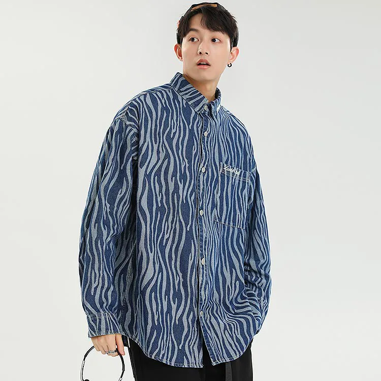 LOMBT Brand Logo All Over Print Heavy Washed Denim Shirt Spring And Autumn Unisex Blue-4