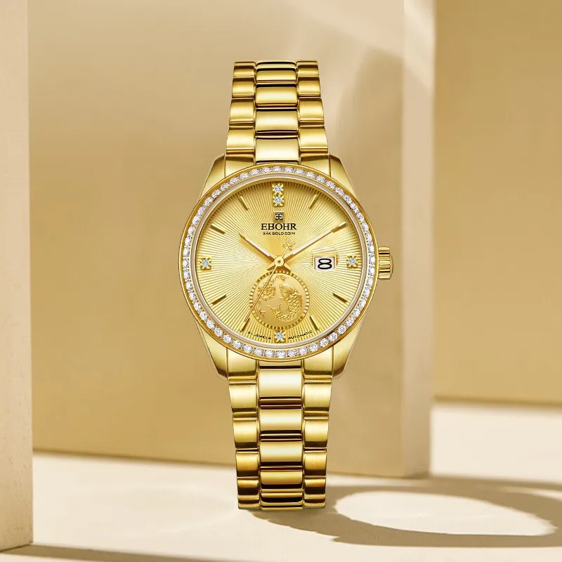 EBOHR Mechanical Movement Stainless Steel Strap Watch Unisex Gold Dial 21334118-15