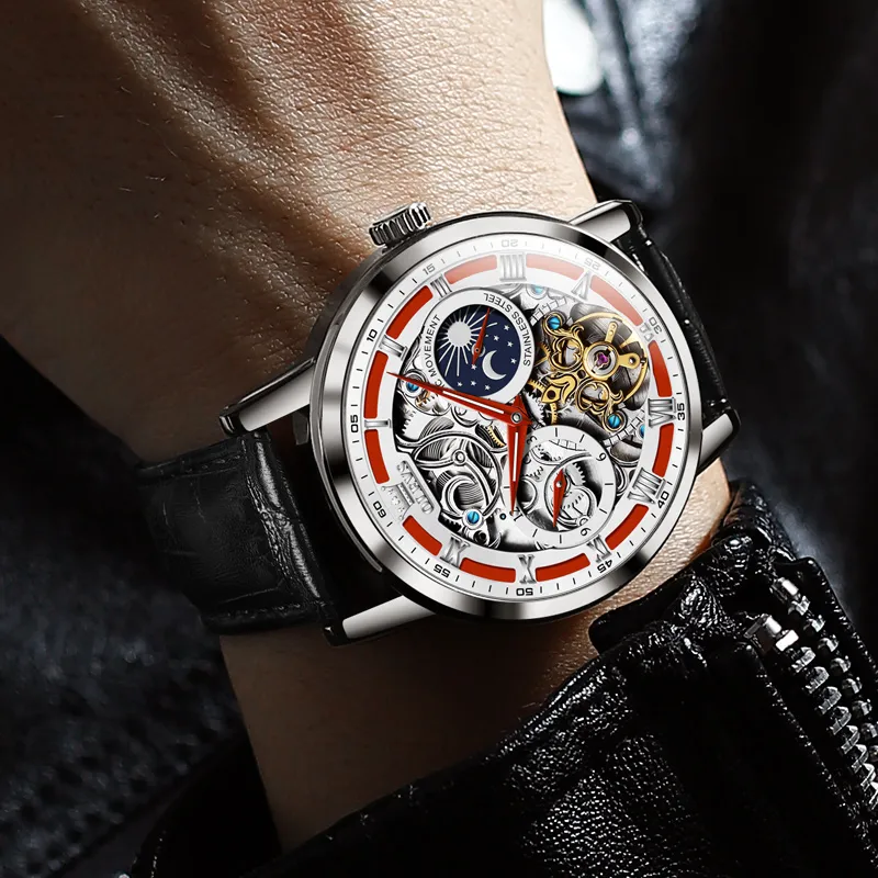OLEVS Play The Cool Series Mechanical Movement Leather Watch Bands Watch Men's Watches Black Dial-1