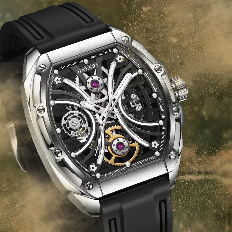JINLERY Apocalypse Collection Automatic Mechanical Movement Rubber Strap Watch Men's Watches Cut-Out Dial-2