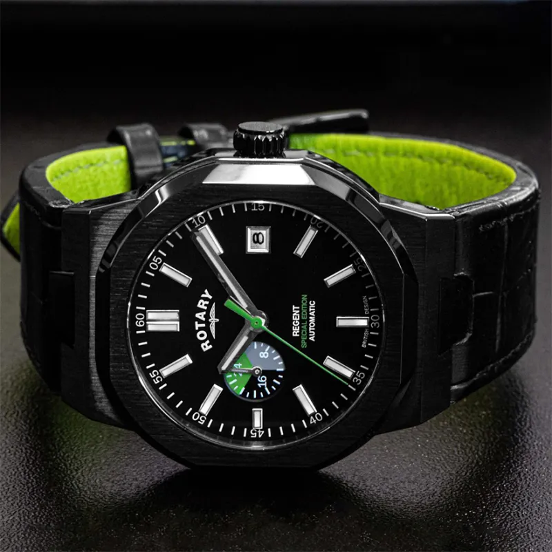 ROTARY Wrist Watch Automatic Mechanical Movement Genuine Leather Strap Black Dial Men's Watches-10