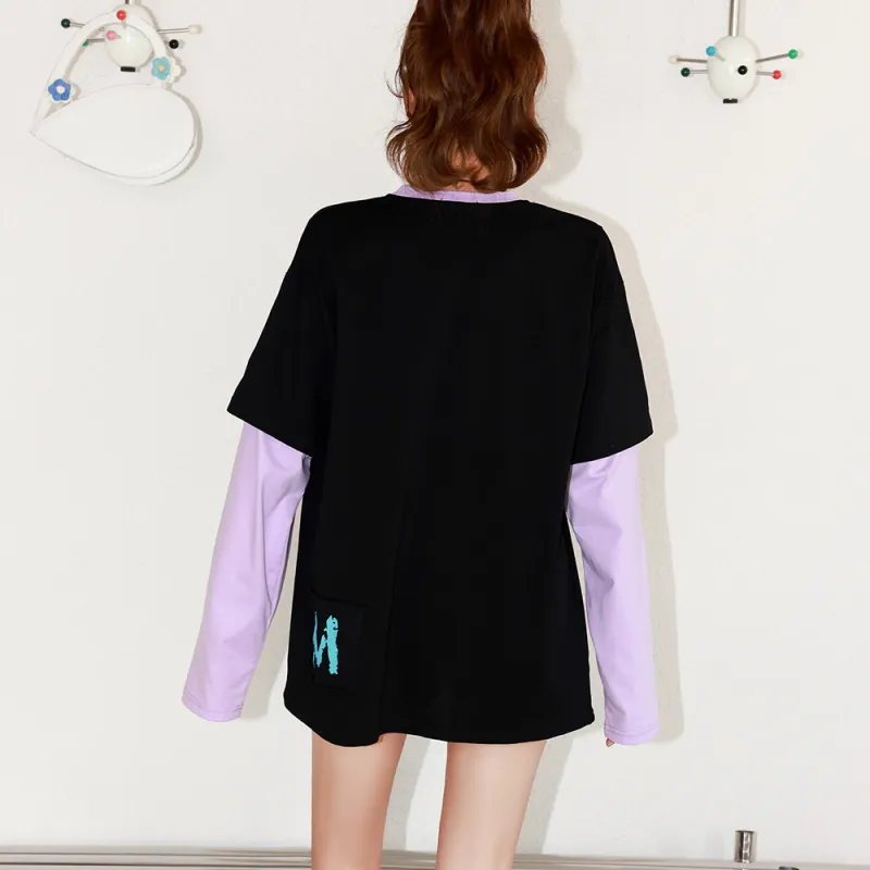 MacyMccoy Mock Two-Piece Long-Sleeved T-Shirt Women's Black-2