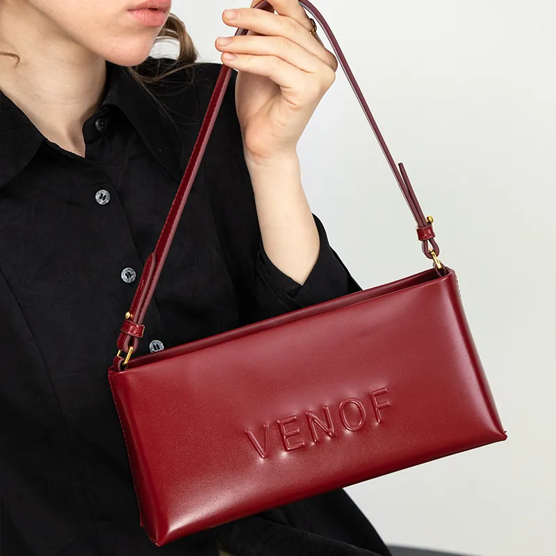 VENOF Cow Leather Shoulder Bag, Small Square Bag, Handbag, Shoulder Bag Women's Van Dyke Brown Minior Red-12