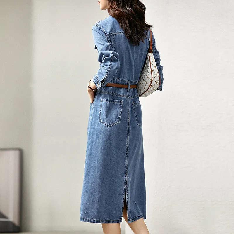 SENTUBILA Long Sleeved Dress Women's Denim Blue-4