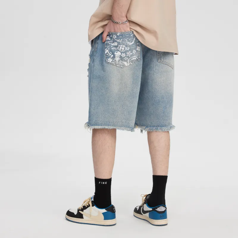 GUKUUL Loose Fit Denim Shorts, Summer Unisex Light Blue-6