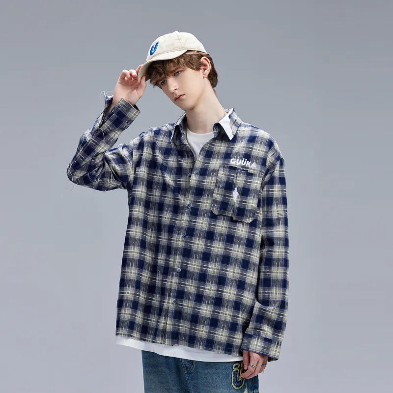 Guuka Long Sleeved Shirts Men's Blue Plaid-6