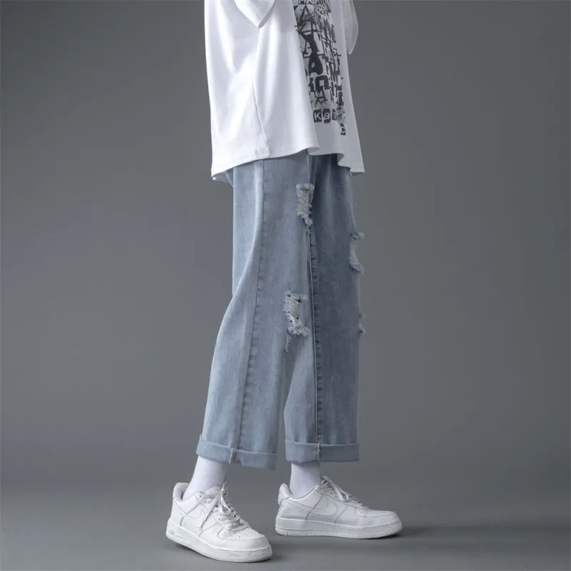 FAIRWHALE Summer Jeans Unisex Ripped Denim Blue-6