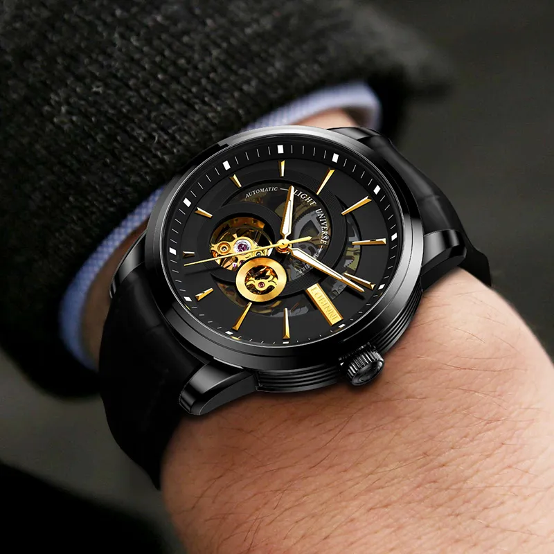 LOBINNI L Automatic Mechanical Movement Genuine Leather Strap Watch Men's Watches Black Dial-12