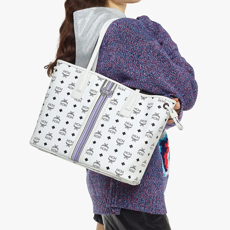 MCM Liz Visetos Fabric+Artificial Leather Combo Bag, Tote Bag, Shopping Bag, Shoulder Bag Medium Size Women's White-6
