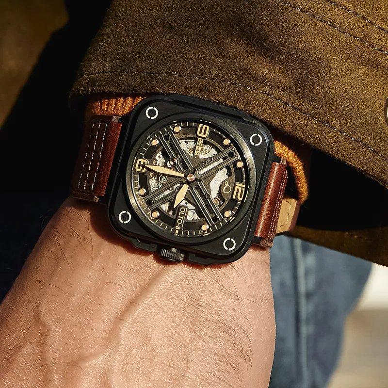 OLTO 8 X Navigator Collection Wrist Watch Automatic Mechanical Movement Genuine Leather Strap Black Dial Men's Watches-1