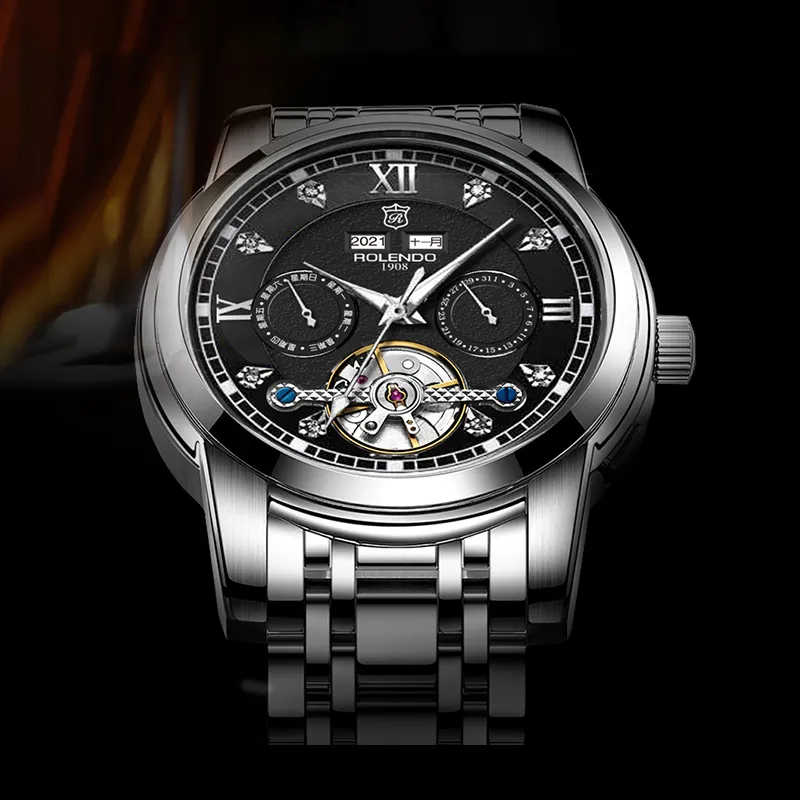 ROLENDO R Tide Play Series Automatic Mechanical Movement Stainless Steel Watchband Watch Men's Watches Black Dial-3