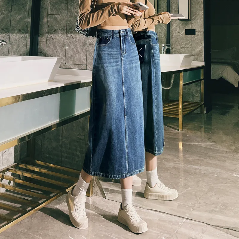 MITUAN Denim Long Skirts Women's Vintage Blue-3