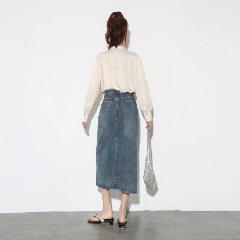 EIDOLON GRAIN Denim Long Skirt Women's Vintage Blue-2