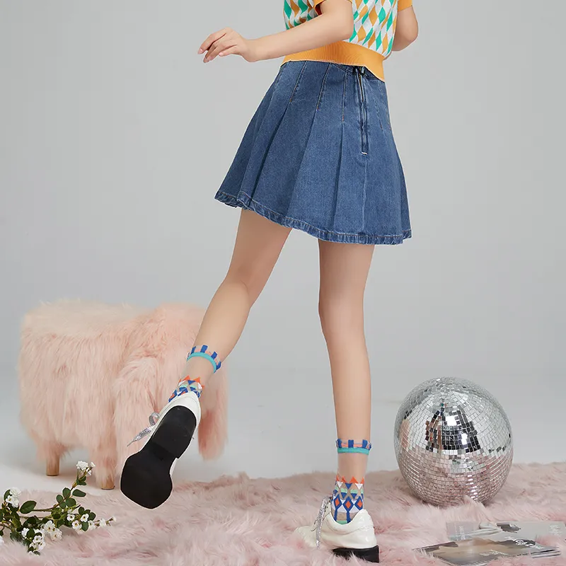 LALABOBO Denim Short Skirts Women's Dark Blue White-3