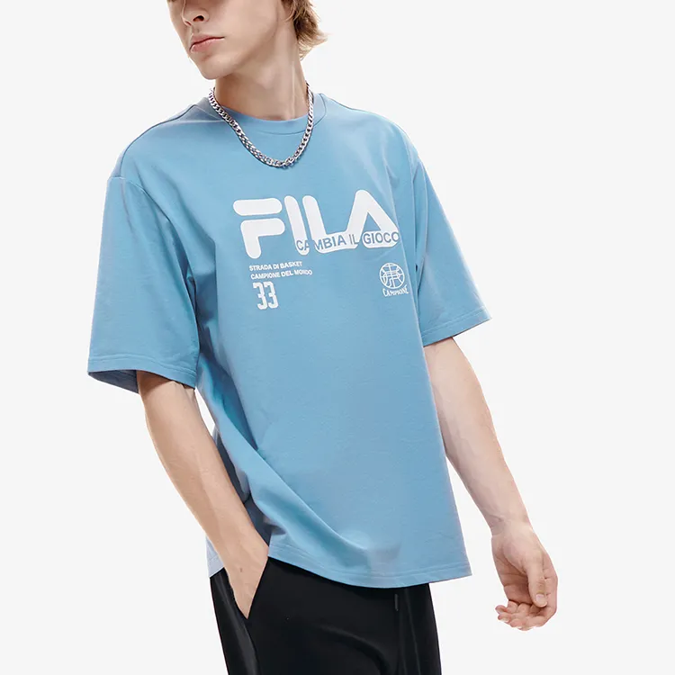 FILA FUSION Drop Shoulder Sleeve T-Shirt Men's Comfort Blue-2