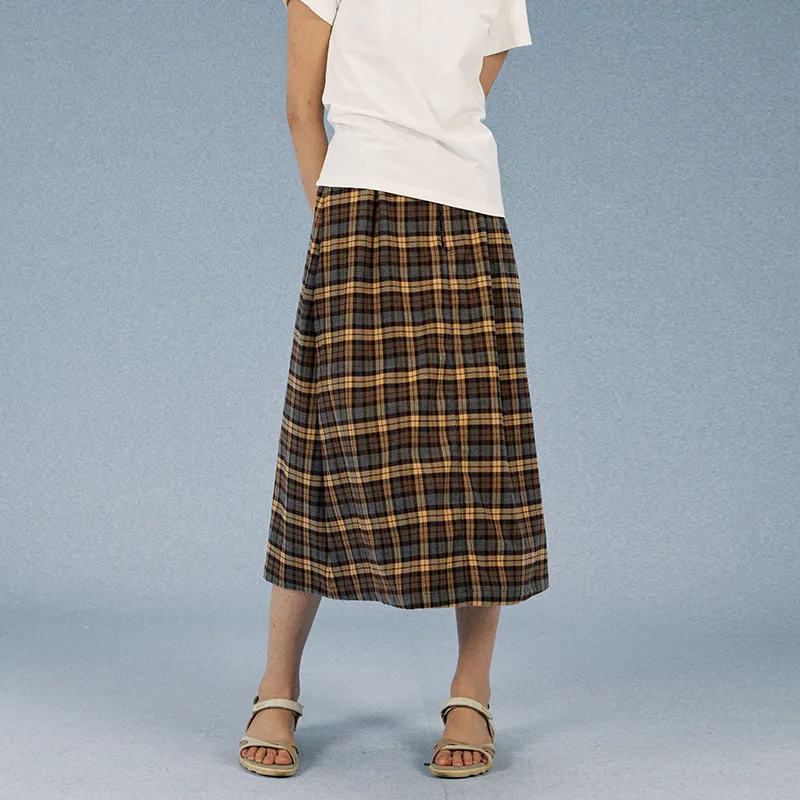 UNRETRO Casual Long Skirts Women's Brown Plaid-2