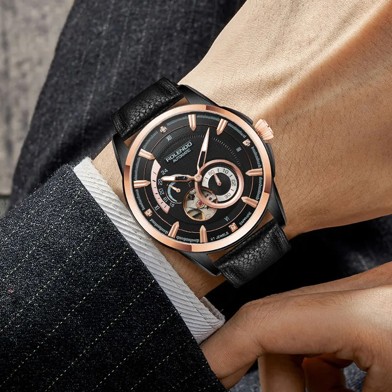 ROLENDO R Wisdom Series Automatic Mechanical Movement Cowhide Strap Watch Men's Watches Black Dial-7