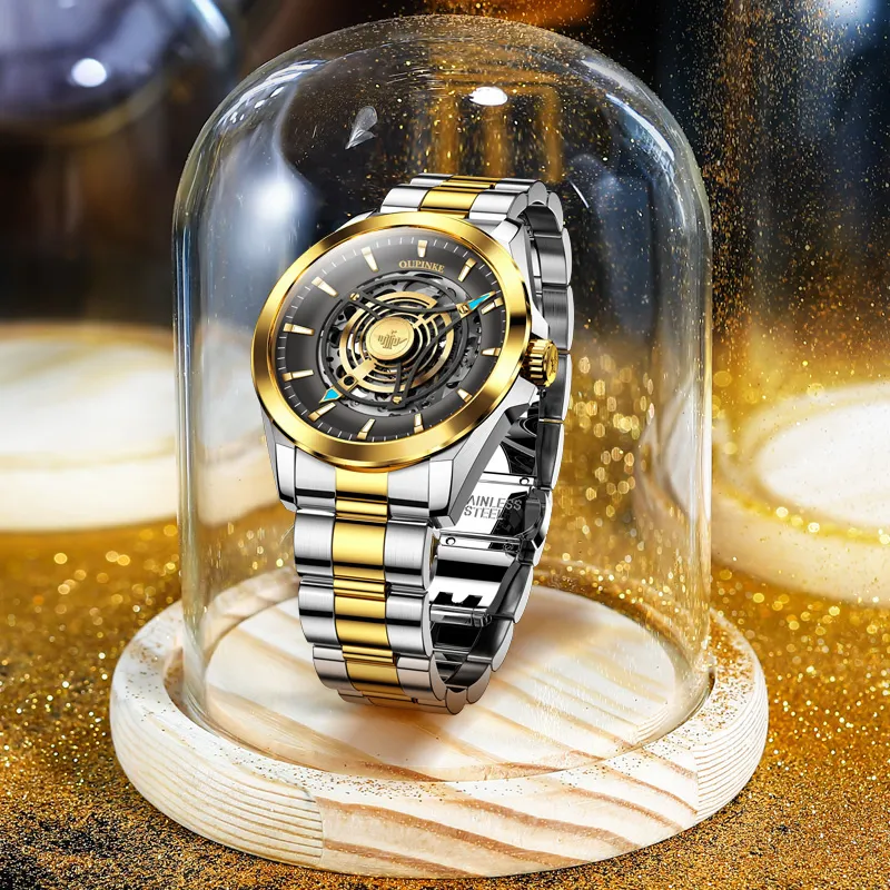 Oupinke Sky Eye Collection Mechanical Movement Stainless Steel Watchband Watch Men's Watches Black Dial-9