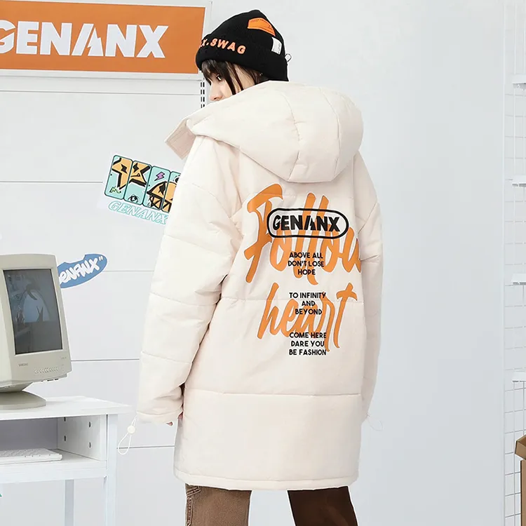 GENANX Letter Detachable Hood Loose Fit Mid Length Puffer Jacket Unisex-10