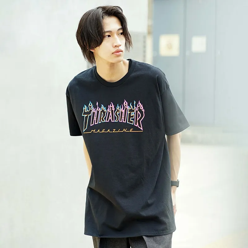 Thrasher Crew Neck Loose Fit Straight Short Sleeved T Shirt Unisex Black-2