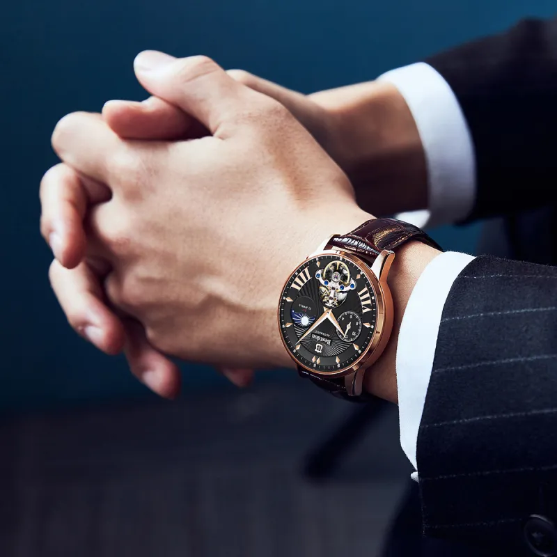 Bestdon Automatic Mechanical Movement Genuine Leather Strap Men's Watches Black Dial-2