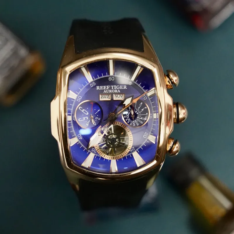 REEF TIGER Aurora Collection Tank II Automatic Mechanical Movement Watch Men's Watches Blue Dial RGA3069 ML-2