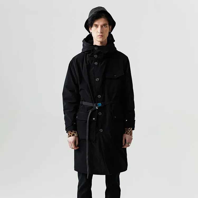 DAVID NAMAN Solid Color Hooded Mid Length Down Jacket Men's Black-2