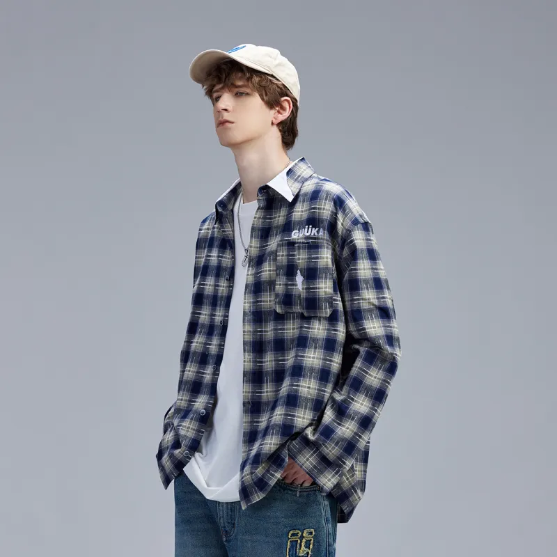 Guuka Long Sleeved Shirts Men's Blue Plaid-4