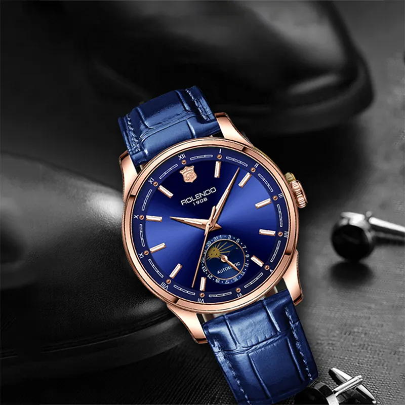 ROLENDO R Automatic Mechanical Movement Genuine Leather Strap Watch Men's Watches Coffee Watch Dial-5