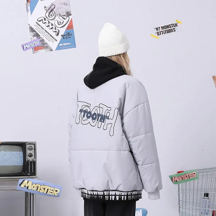 Bt Letter Baseball Collar Loose Fit Puffer Jacket Unisex-9