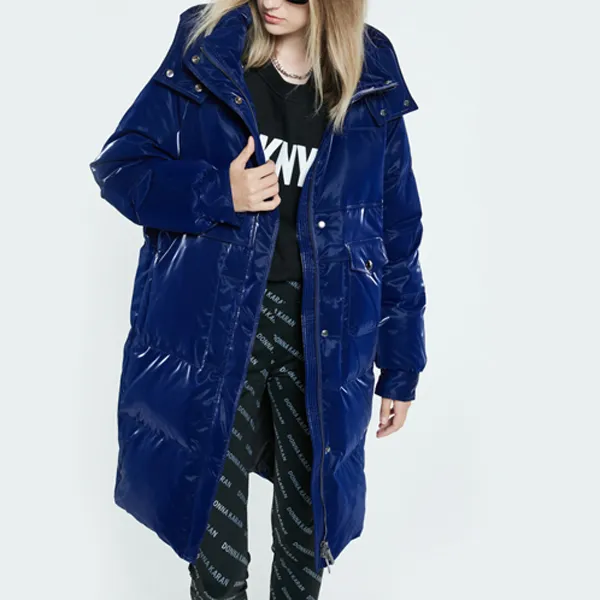 DKNY FW22 Solid Color Detachable Hood Thickened Long Down Jacket Women's Dark Blue-2