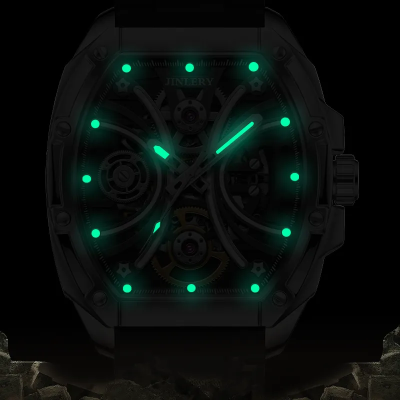 JINLERY Apocalypse Collection Automatic Mechanical Movement Rubber Strap Watch Men's Watches Cut-Out Dial-3