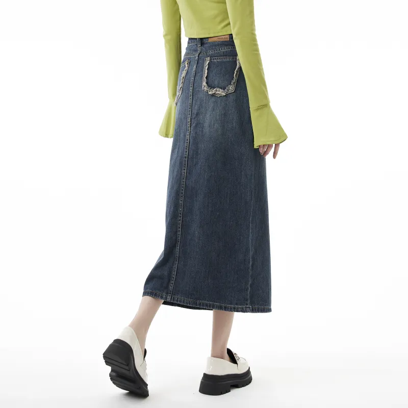 QYPRF Denim Long Skirts Women's Vintage Blue-5