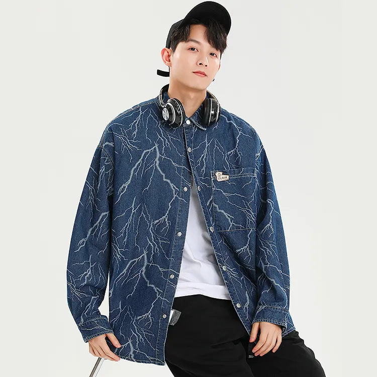 OLRIK All Over Print Heavy Washed Denim Shirt Spring And Autumn Unisex Blue-3
