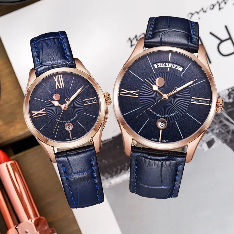 ROLENDO R Automatic Mechanical Movement Genuine Leather Strap Watch Unisex Blue Dial-14