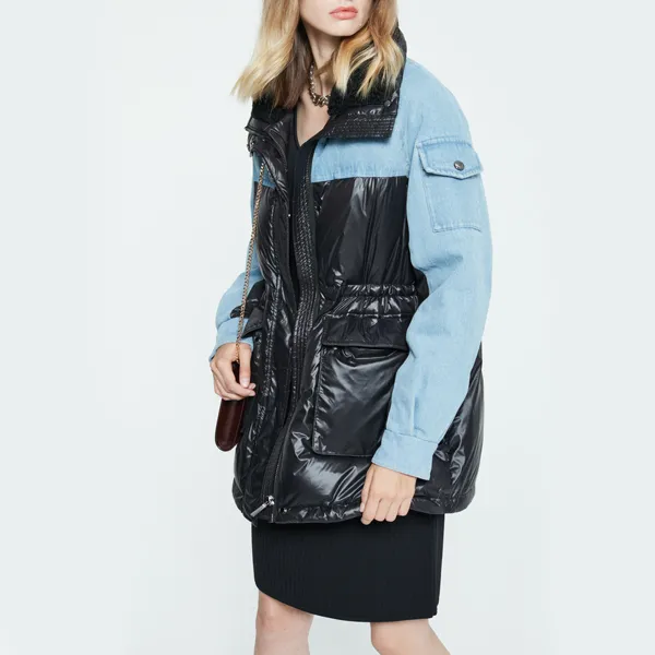 DKNY FW22 Lapel Thickened Mid Length Down Jacket Women's Black & Multicolor-4