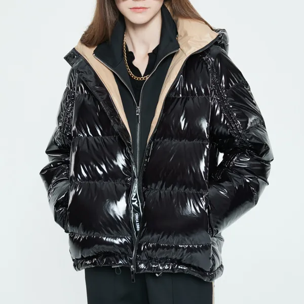 DKNY FW22 Solid Color Hooded Loose Fit Thickened Cropped Down Jacket Women's Black-2