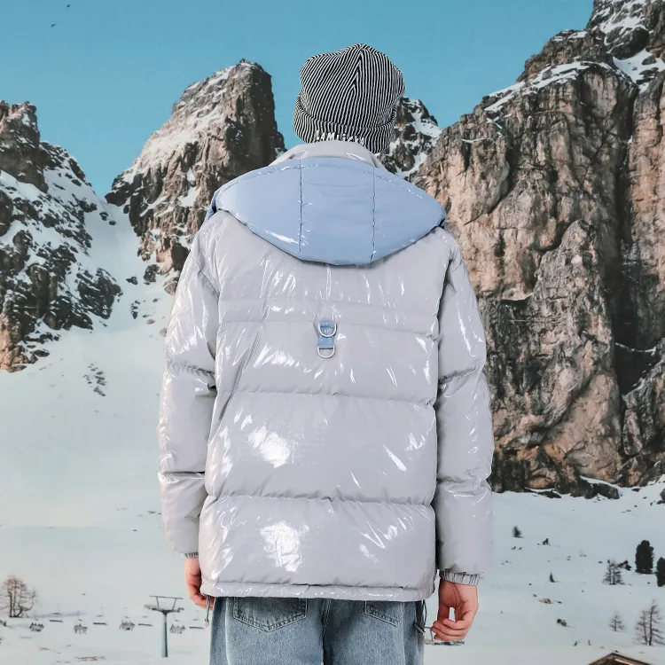 LAMLICKA Solid Color Hooded Loose Fit Thickened Down Jacket Unisex Gray-7