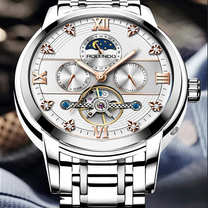 ROLENDO R Automatic Mechanical Movement Stainless Steel Watchband Watch Men's Watches White Dial-11