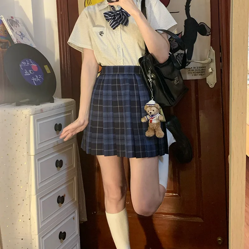 Tokyo Season Casual Short Skirts Women's Whale Fall, Plaid Skirt-15