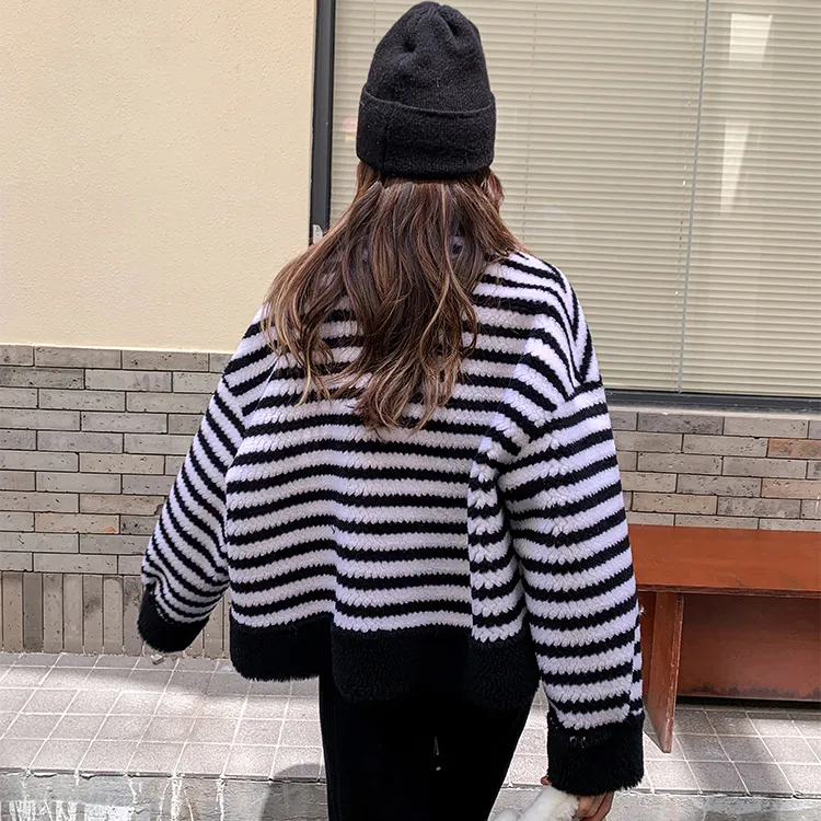 MacyMccoy Velvet Jackets Women's Black White Stripes-2