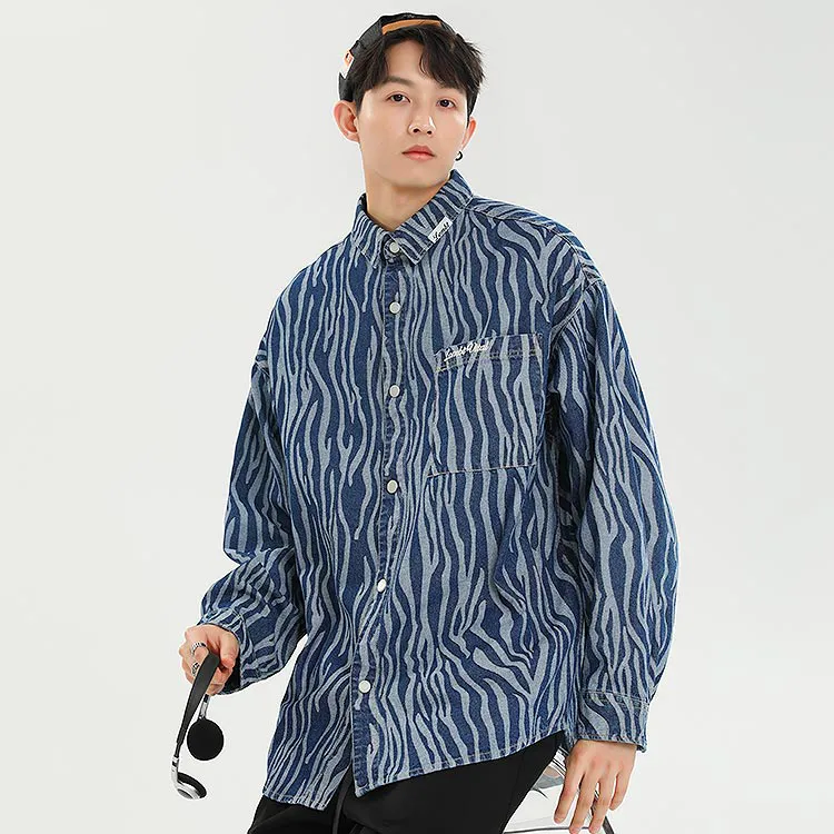 LOMBT Brand Logo All Over Print Heavy Washed Denim Shirt Spring And Autumn Unisex Blue-2