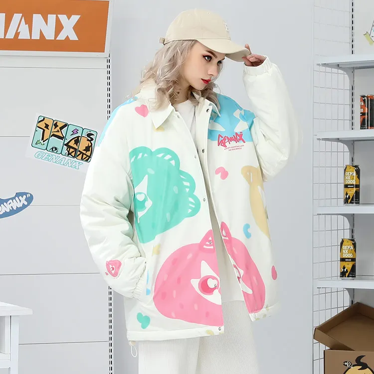 GENANX Cartoon Lapel Loose Fit Puffer Jacket Unisex Milk White-5