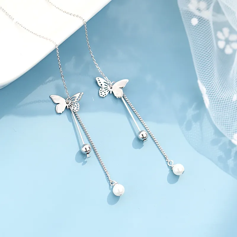 SENDME Drop Earrings Women's Butterfly Fringe Silver Drop Earrings-1