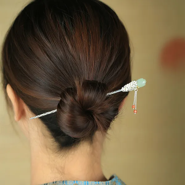 Xiaoyinjiang 925 Sterling Silver Hetian Jade Hair Accessories Women's-1