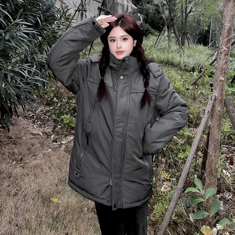 New Business Origin Solid Color Detachable Hood Loose Fit Thickened Mid-Length Puffer Jacket Unisex-11
