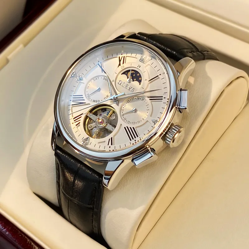 OLEVS Wisdom Series Mechanical Movement Leather Strap Watch Men's Watches Black Dial-1